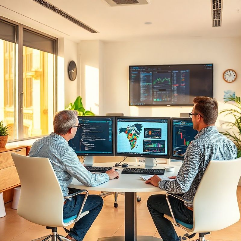 Equipo técnico en oficina de Valencia revisando código y estrategias de trading
